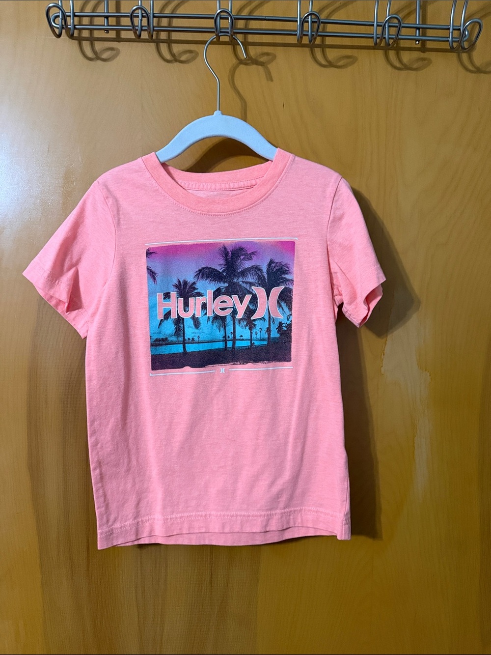 Hurley Pink Short Sleeve Tee with Tropical Sunset Graphic
